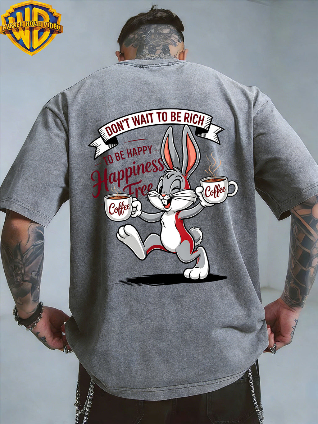Warner Bros. Officially Authorizes Joyful Cartoon Rabbit Handheld Two Cups of Coffee Printed Retro Washed Outdated Short Sleeve T-Shirt for Men And Women, Machine Washable Daily Commuter Outdoor Sports And Leisure Top - Grey
