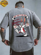 Warner Bros. Officially Authorizes Joyful Cartoon Rabbit Handheld Two Cups of Coffee Printed Retro Washed Outdated Short Sleeve T-Shirt for Men And Women, Machine Washable Daily Commuter Outdoor Sports And Leisure Top - Grey