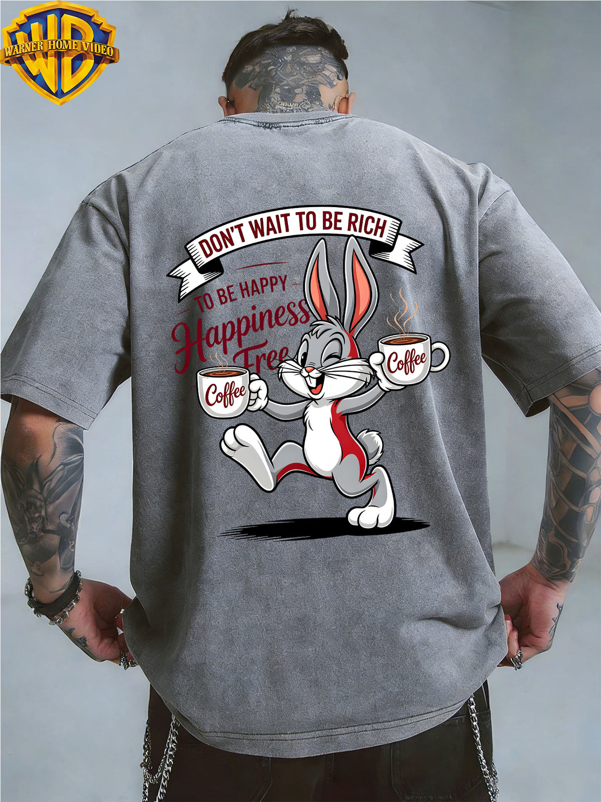 Warner Bros. Officially Authorizes Joyful Cartoon Rabbit Handheld Two Cups of Coffee Printed Retro Washed Outdated Short Sleeve T-Shirt for Men And Women, Machine Washable Daily Commuter Outdoor Sports And Leisure Top - Grey