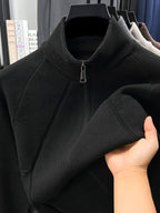 Men's Stand Collar Full-Zip Knit Cardigan, Long Sleeve Outerwear, Ribbed Neckline, Cuffs, and Hem, Two-Way Zipper - SINBOS - Black