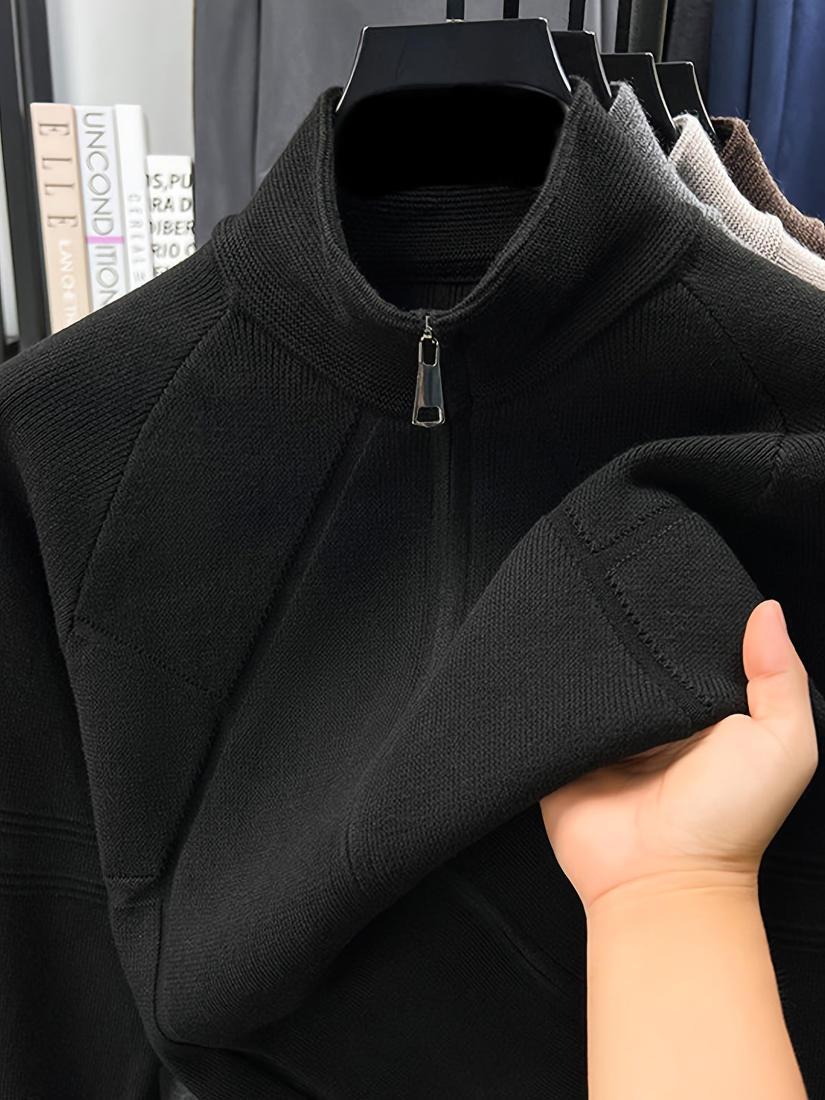 Men's Stand Collar Full-Zip Knit Cardigan, Long Sleeve Outerwear, Ribbed Neckline, Cuffs, and Hem, Two-Way Zipper - SINBOS - Black