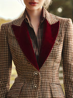 Spring Autumn Winter Fashion Retro Velvet Lapel Houndstooth Single-Breasted Blazer - Khaki