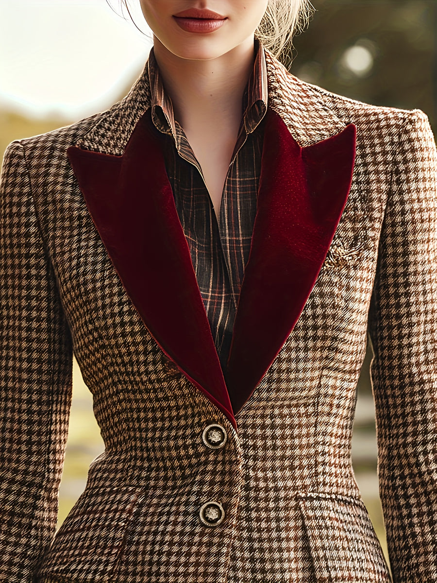 Spring Autumn Winter Fashion Retro Velvet Lapel Houndstooth Single-Breasted Blazer - Khaki