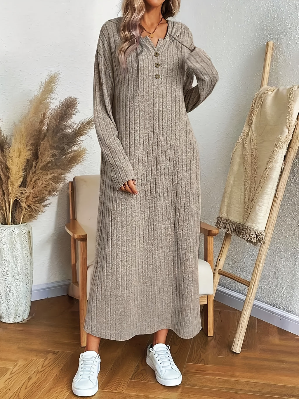 Women's Solid Color Ribbed Hooded Dress - Khaki