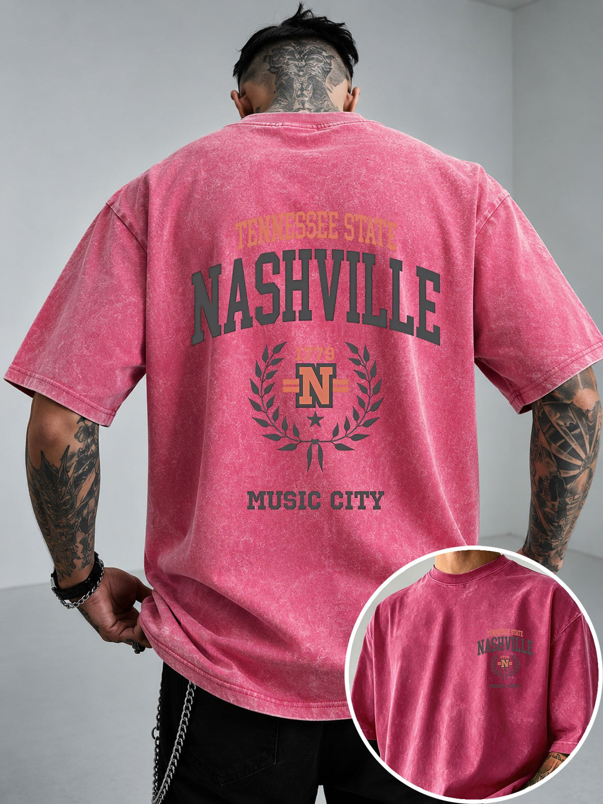 NASHVILLE Music City Text Print Men'S Vintage Washed Loose Short Sleeve T-Shirt - Bright Pink Color