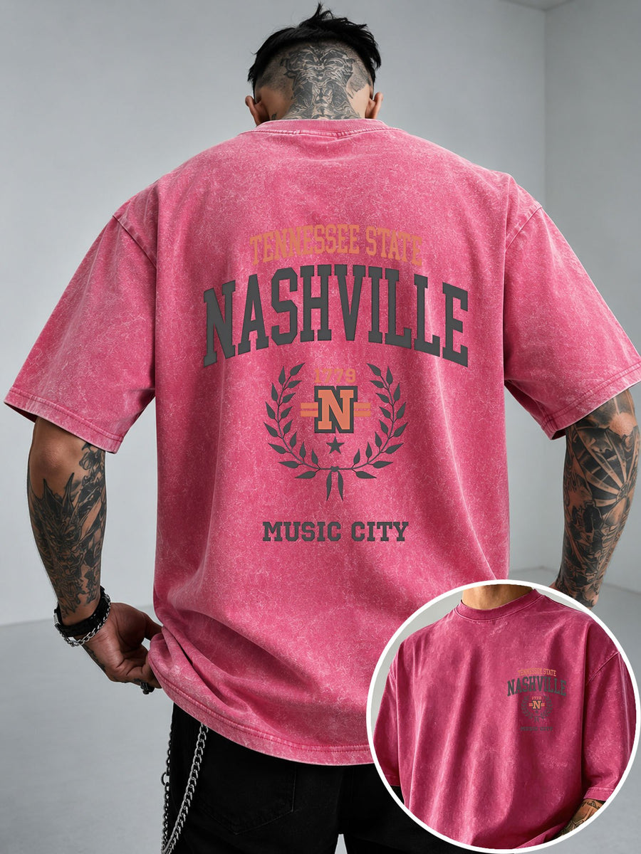 NASHVILLE Music City Text Print Men'S Vintage Washed Loose Short Sleeve T-Shirt - Bright Pink Color