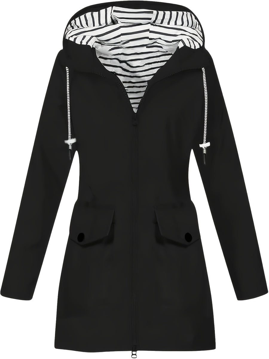 Women's jacket hooded lightweight outdoor long hooded windbreaker - Black