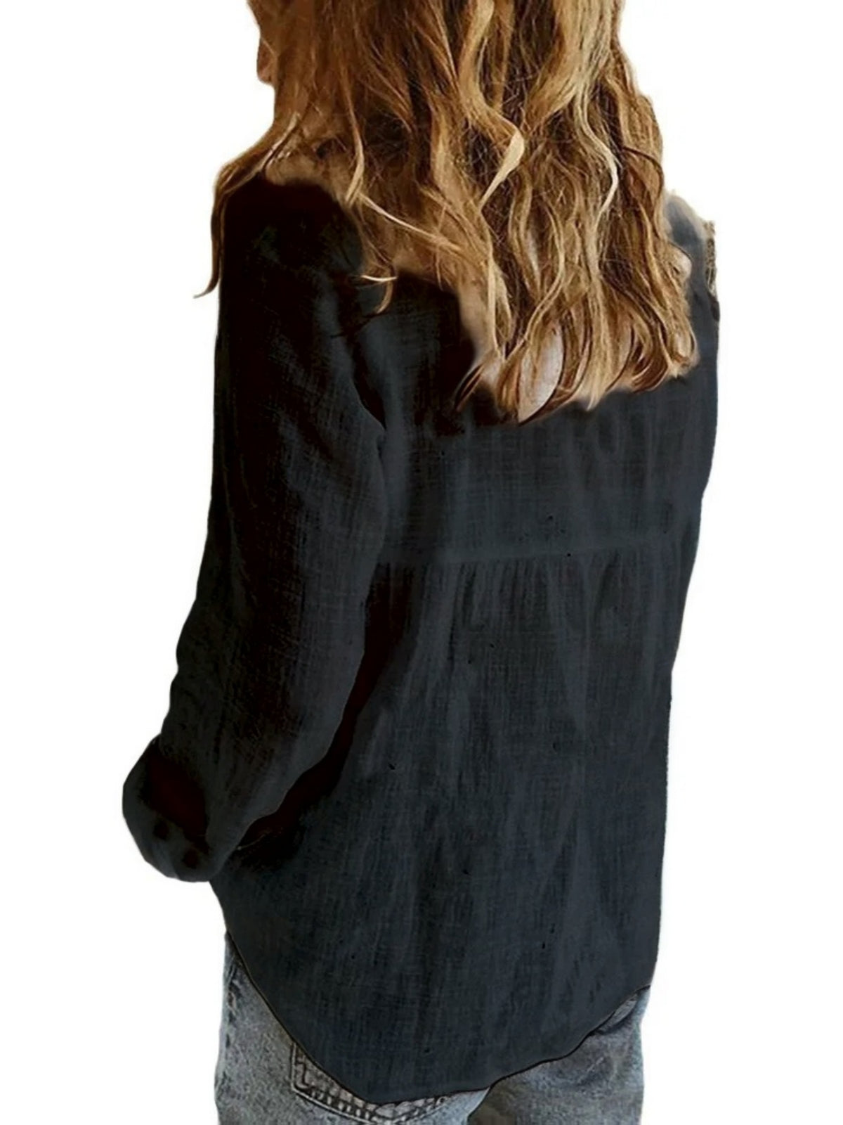 Women's New Spring, Autumn, and Winter Style 100% Long-Sleeve Shirt, Simple Open-Front Lapel Collar Comfortable Shirt, Fashionable, Elegant, and Versatile Solid Color Open-Front Long-Sleeve Top, Suitable for All Seasons, for Women's Daily, Casual - Black