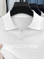 100% High Quality Light Luxury Style Men'S Short Sleeve Seagull Collar Pullover Knit POLO Shirt Fashion Casual Suitable for Outdoor Sports Golf Base Layer Top Vertical Stripe Pinstripe Texture Hollow Design Easy Commuter Light Business Style Lapel C - Pearl White