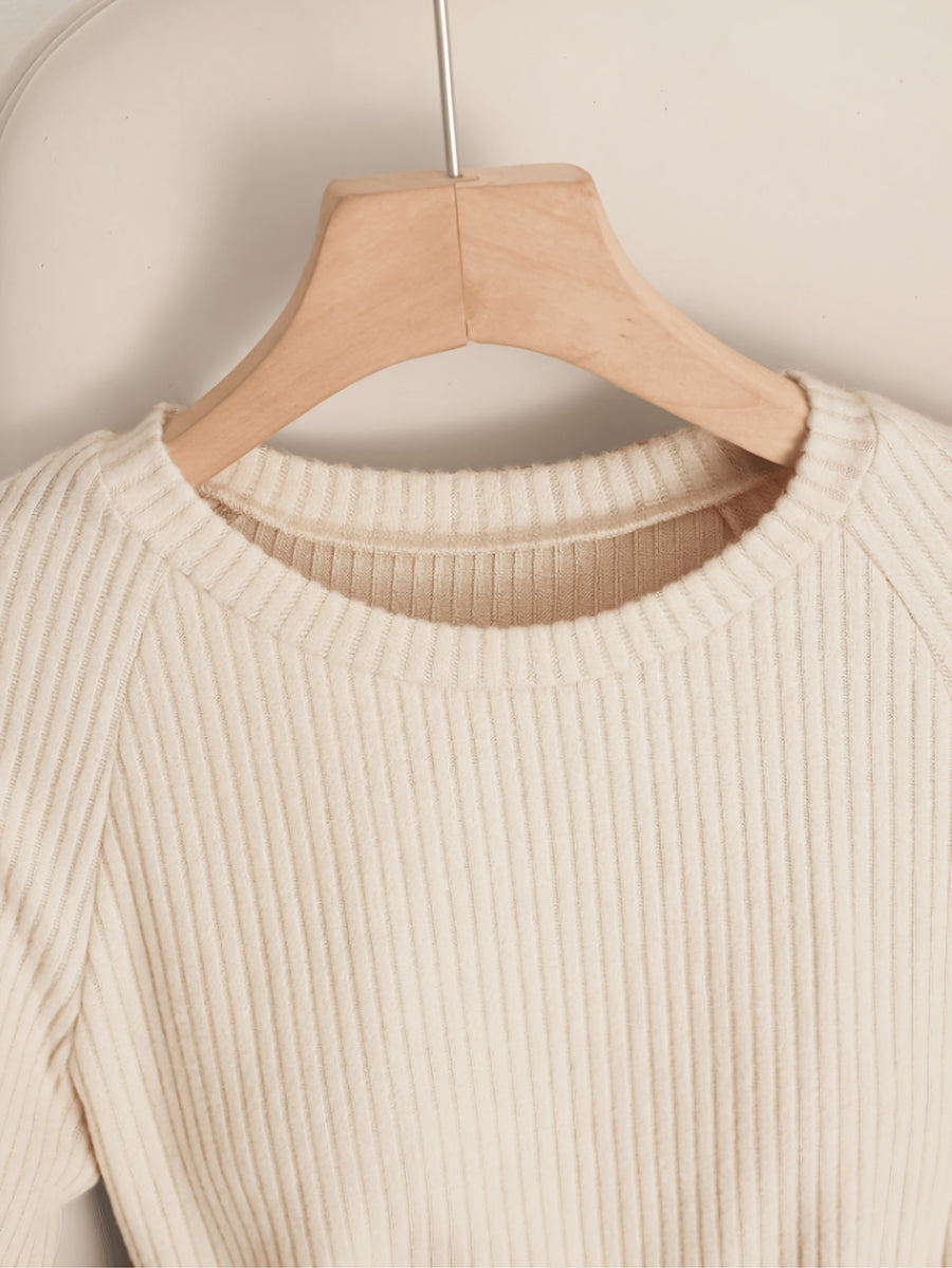 Women's Fitted Crop Top in Ribbed Fabric with Cable, Round Neck, and Raglan Short Sleeves, Suitable for Spring, Summer, Autumn Commuting, Dating, and Daily Wear - Beige