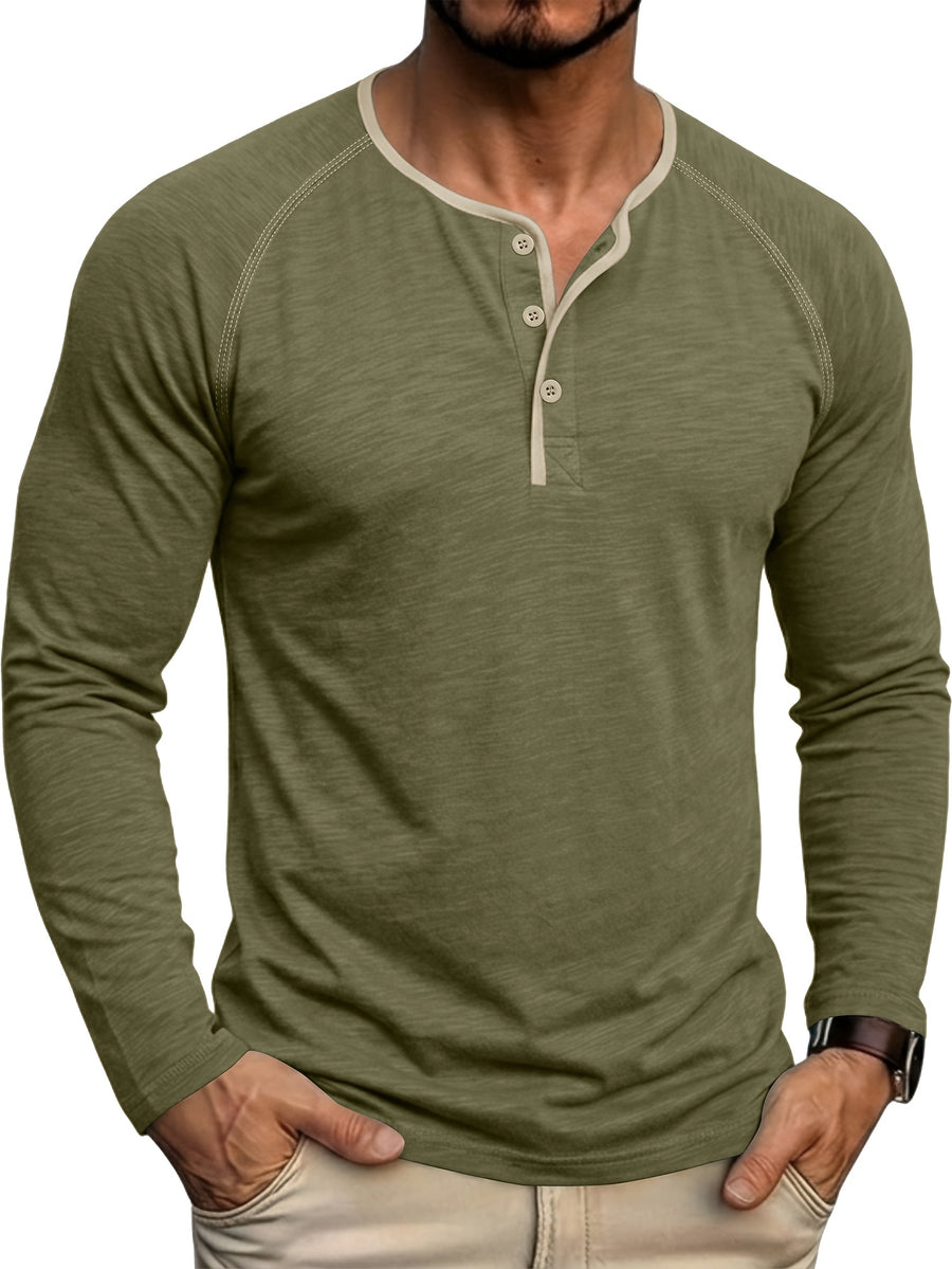 Autumn/Winter Cross-Border Men's Long Sleeve Crew Neck Henley Shirt, European and American Style Men's Pullover Base Layer T-Shirt - Olive Green