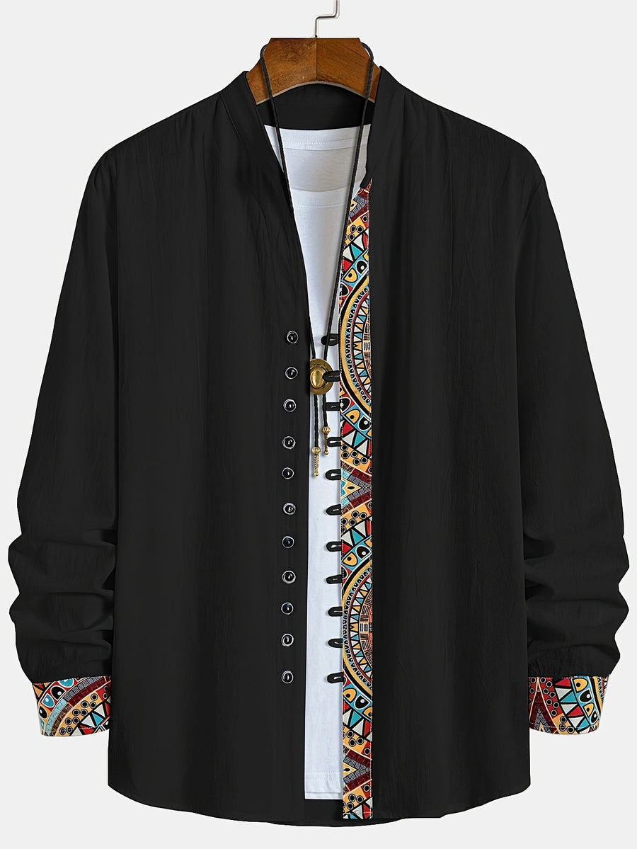 Men's Trendy Classic Solid Color Spliced Geometric Print Stand Collar Multi-Buckle Design Comfortable Breathable Material Casual Versatile Long Sleeve Shirt for Spring and Autumn - Deep Black