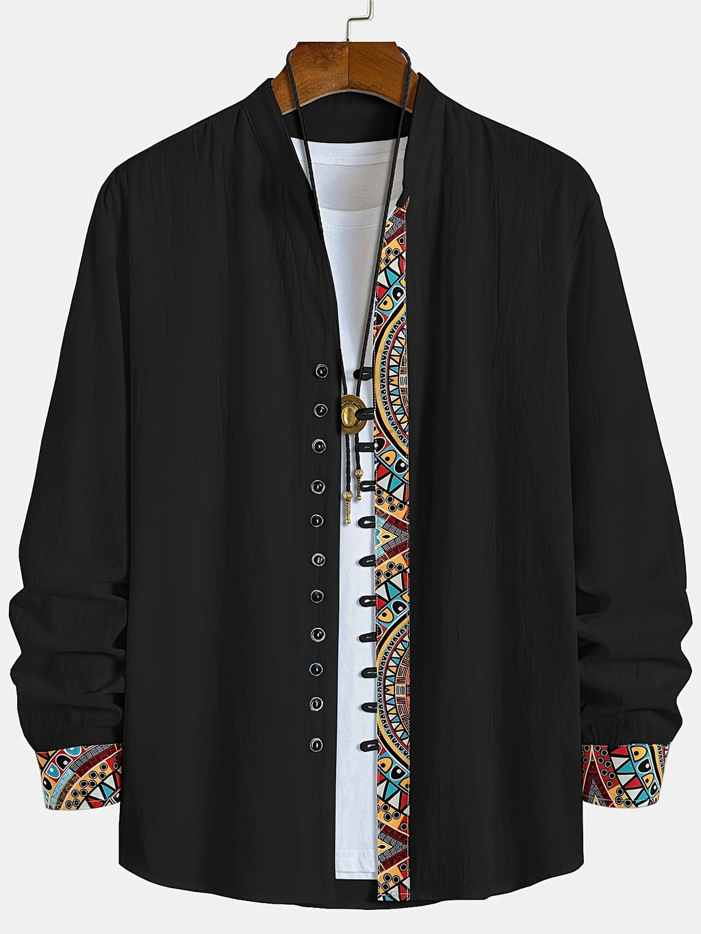 Men's Trendy Classic Solid Color Spliced Geometric Print Stand Collar Multi-Buckle Design Comfortable Breathable Material Casual Versatile Long Sleeve Shirt for Spring and Autumn - Deep Black