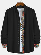 Men's Trendy Classic Solid Color Spliced Geometric Print Stand Collar Multi-Buckle Design Comfortable Breathable Material Casual Versatile Long Sleeve Shirt for Spring and Autumn - Deep Black