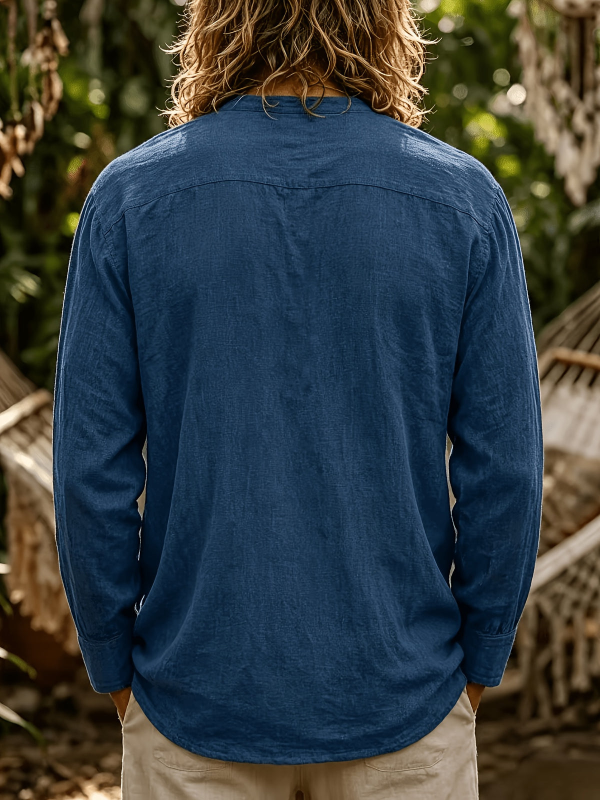 Men's Fashion And Linen Blend Breathable Comfortable Casual Stand Collar Long Sleeve All-Season Shirt, Autumn Menswear - Navy Color