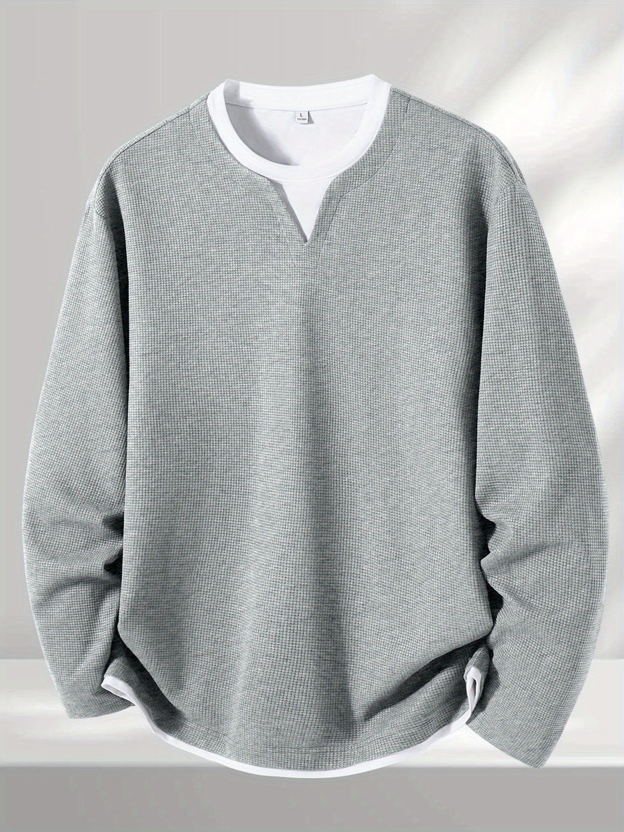 Men'S Spring And Autumn Fashion Waffle Long Sleeve T-Shirt - Grey