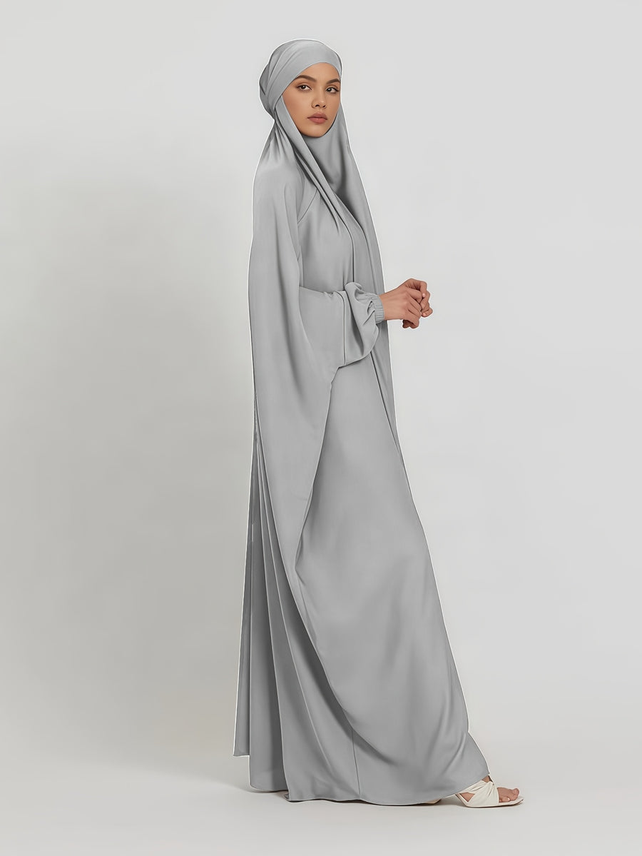 1pc Jilbab, 1pc Khimar with a Rich Drape, Cuffed Sleeves, and a Loose Fit, Suitable for Busy Daily Wear or Worship - Light Grey