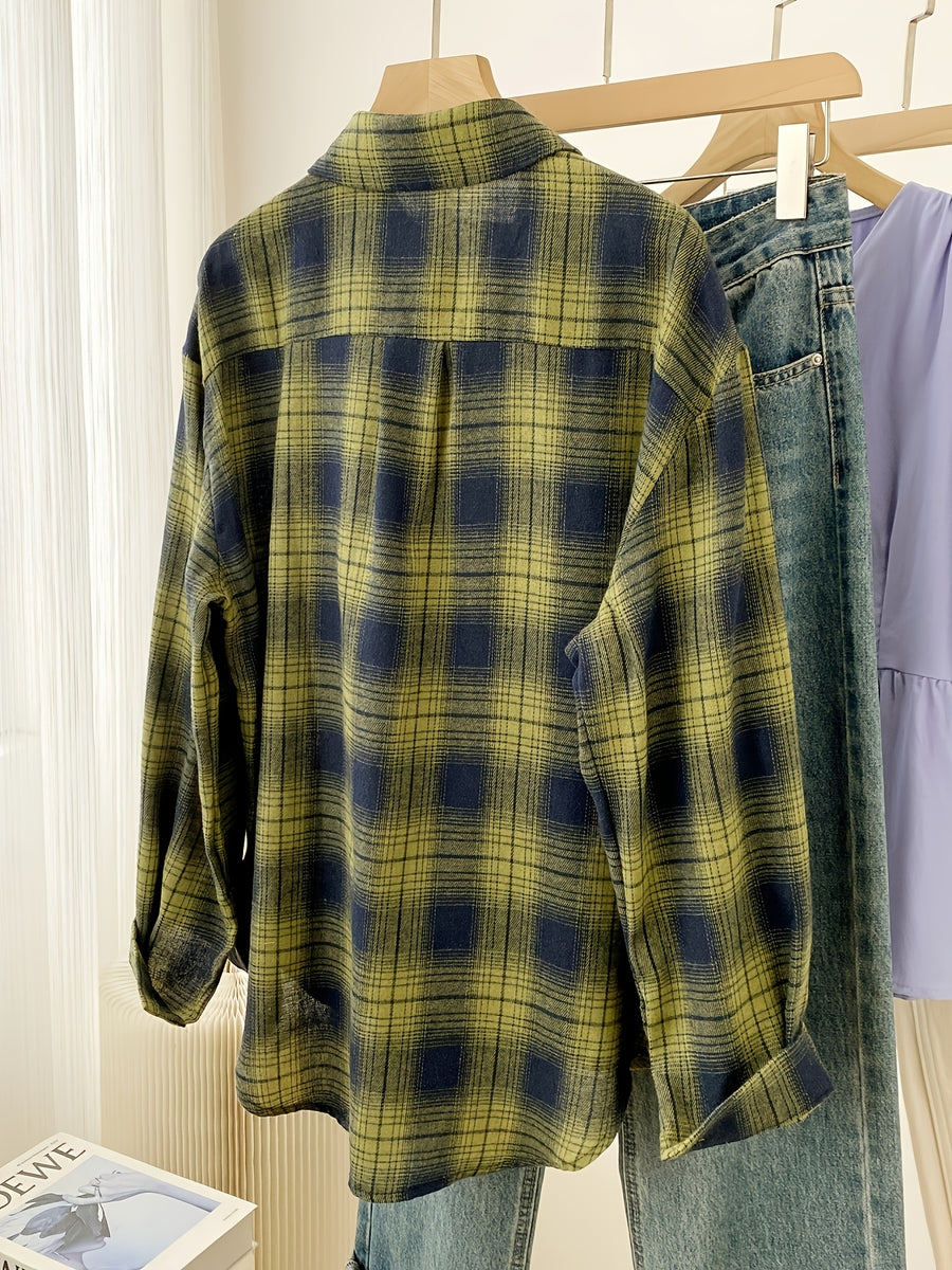 Women'S Shirt Multicolor Brushed Plaid Shirt Loose Top - Blue-green