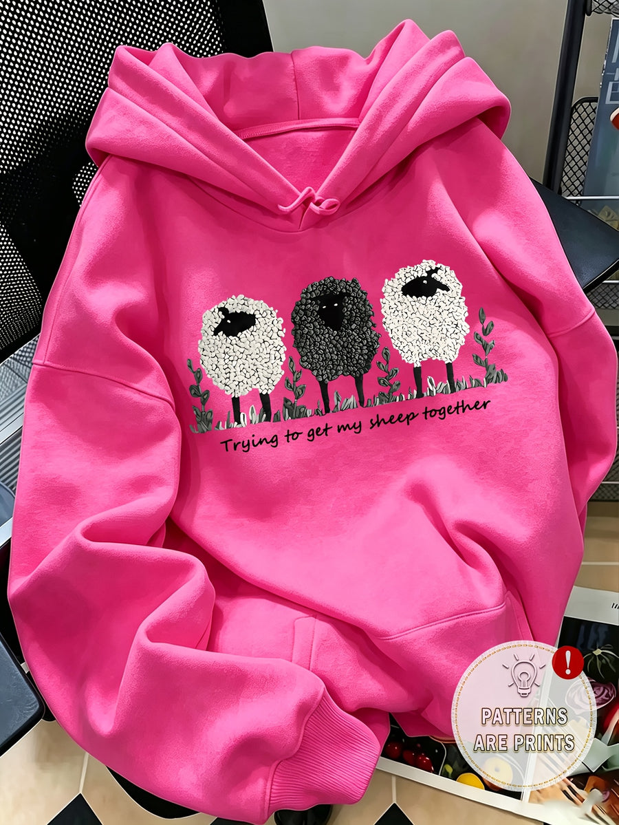 Women's casual round neck sweatshirt - Cartoon creative sheep pattern print, regular version round neck sweatshirt, suitable for autumn and winter seasons, Women's clothing - Rose Red