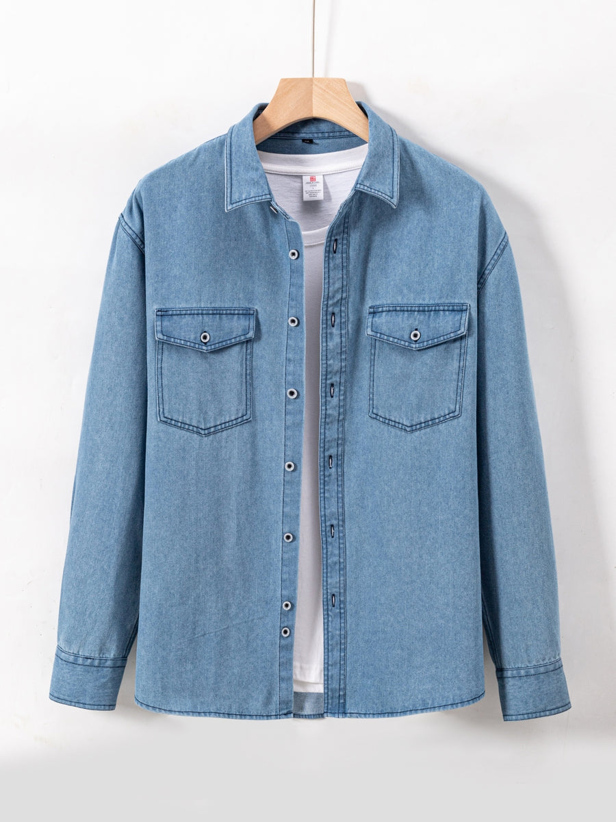 Men'S Casual Shirt American Retro Denim Shirt Fashion Trendy Double-Pocket Utility Shirt Button-Up Long Sleeve T-Shirt Spring Autumn Thin Outerwear - Light Blue