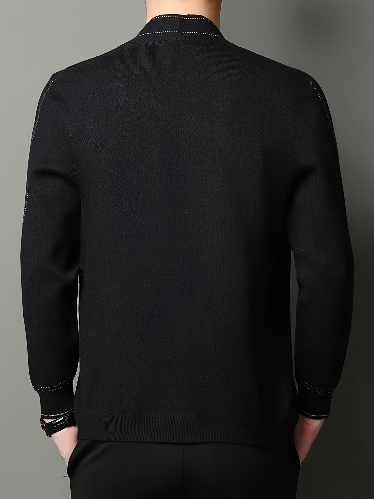 [Qiaoximei Obm] Men'S Knitted Cardigan Spring And Autumn Middle-Aged Striped Velvet Cardigan Jacket Men'S Business Casual Long-Sleeved Knitwear - Black