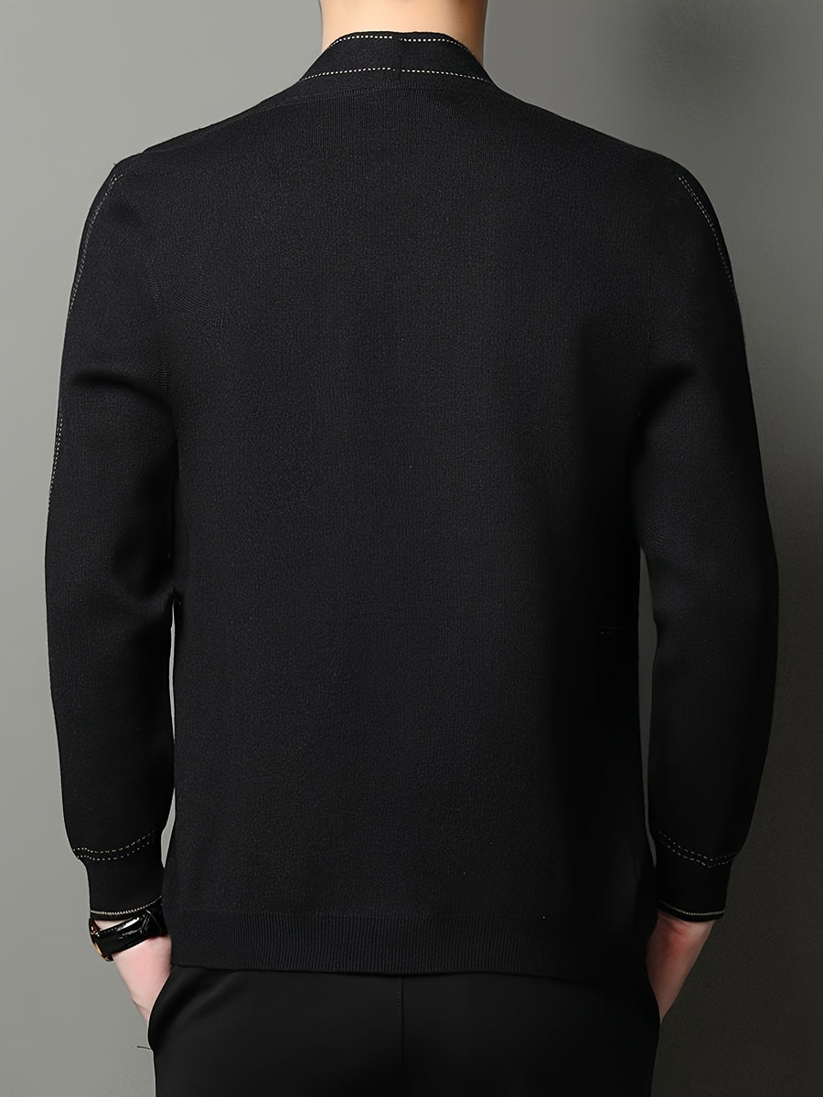 [Qiaoximei Obm] Men'S Knitted Cardigan Spring And Autumn Middle-Aged Striped Velvet Cardigan Jacket Men'S Business Casual Long-Sleeved Knitwear - Black