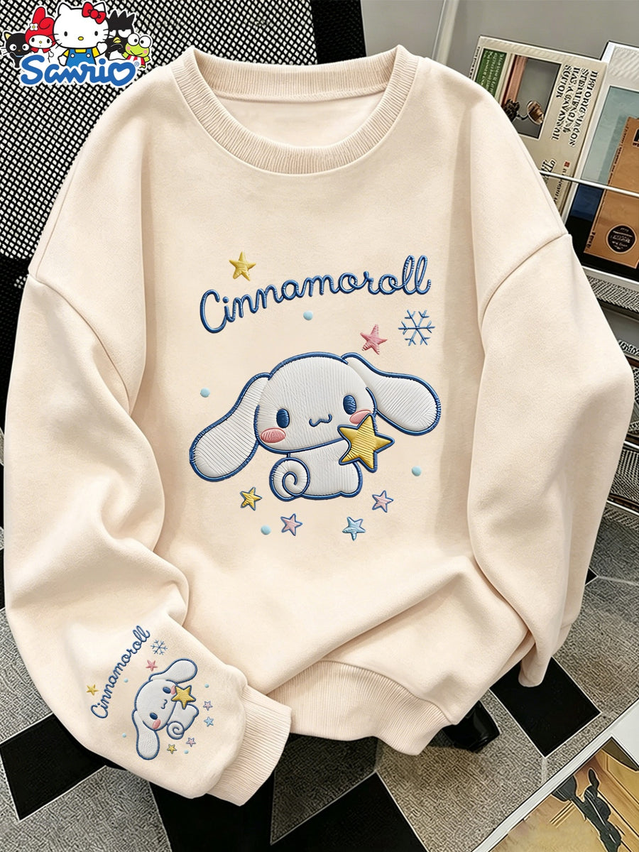 Sanrio Ladies Round Neck Casual Sweatshirt, Cinnamoroll Big Ear Rabbit Pattern Cute Stars Embellished, Fashionable Elegant Everyday Versatile Pullover, Round Neck Pullover Sweatshirt Casual Long Sleeve Fleece Sweatshirt - Apricot