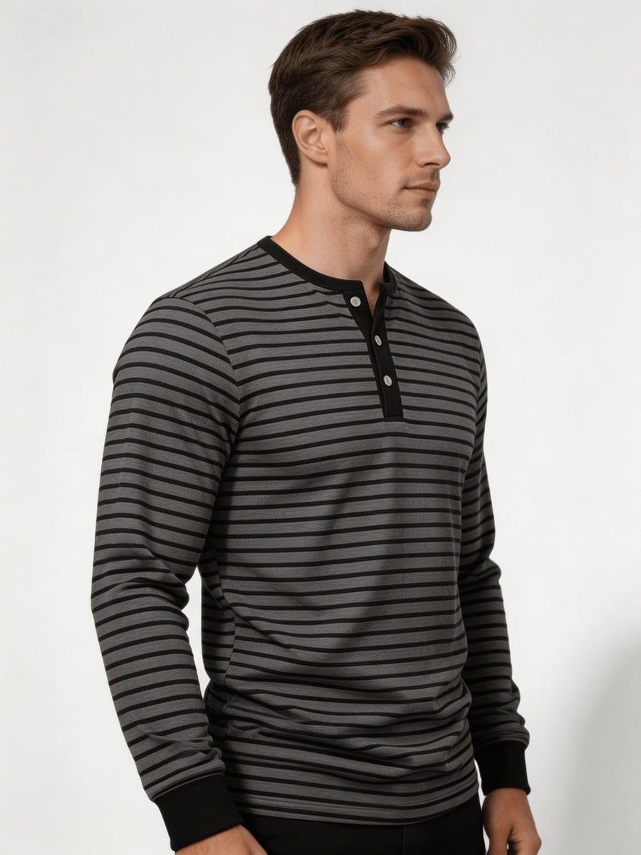 Men'S Round Neck Long Sleeve Henley Shirt, Classic Striped Button-Front Top, Ribbed Cuffs And Hem Breathable Soft Knit Pullover, Men'S Autumn Casual Shirt - Dark Gray