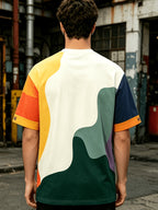 [Printed Design-Not Textured] 2026 New White Green Color-Block Wavy Patchwork Men'S T-Shirt, Suitable for Home And Outdoor Casual Top - Mixed Color 1
