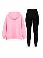 Autumn/Winter Set: Hooded Sweatshirt And Fitted Long Pants (Pattern Print Design) - Pink With Black