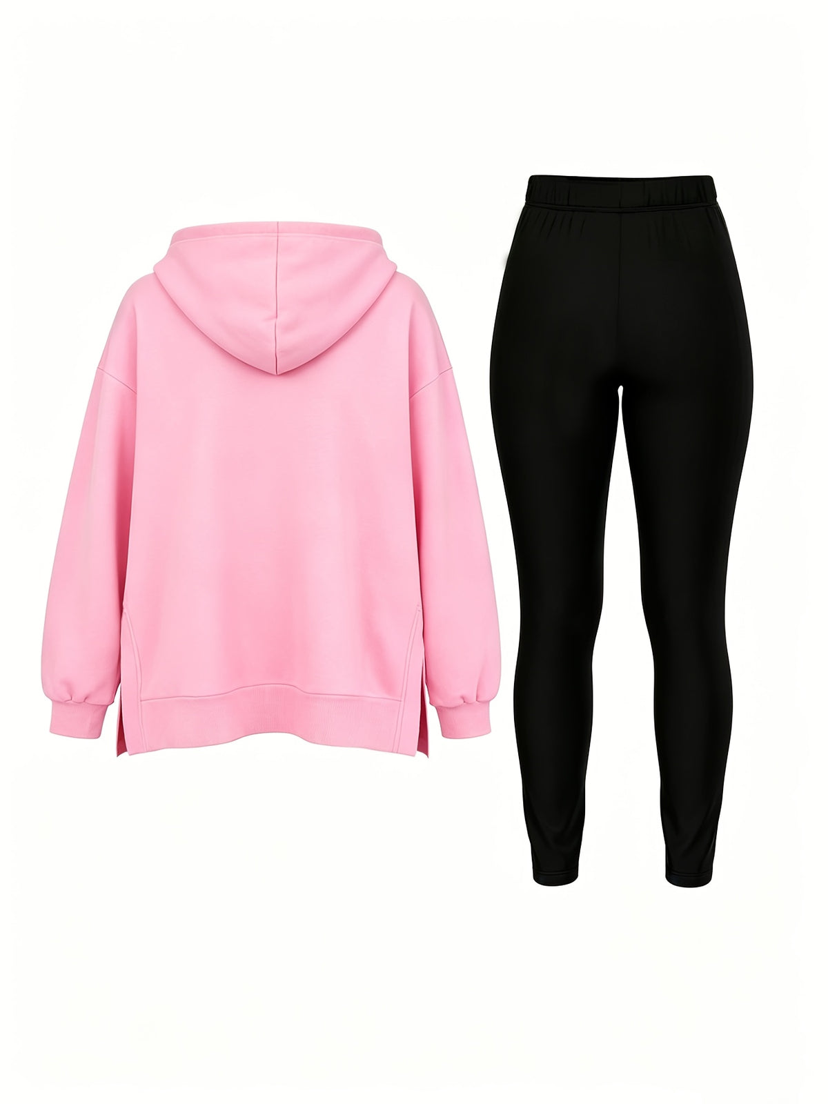 Autumn/Winter Set: Hooded Sweatshirt And Fitted Long Pants (Pattern Print Design) - Pink With Black