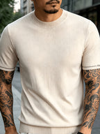Men' Summer Short-Sleeve Knit Shirt with White-Trimmed Cuff - Stretchable Round Neck -Compatible Suitable for Urban Streetwear & Business Casual, Solid Color Multi-Color Tunic Top for Commuting and Office Wear - Yami Apricot