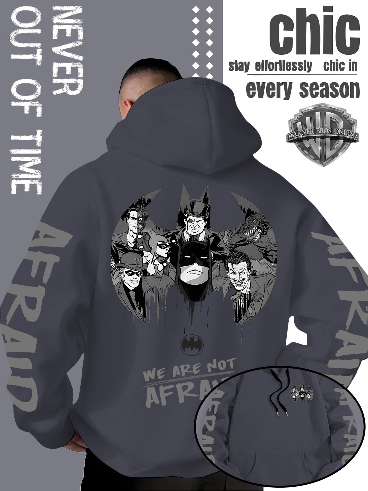 Men'S Hooded Sweatshirt Superhero Villain Group Black And White Comic Print, Batman Good And Evil Characters Gathered Design, Themed English Slogans And Rich Visuals, Dual Sleeves with Eye-Catching Graffiti Art Font - Dark Gray