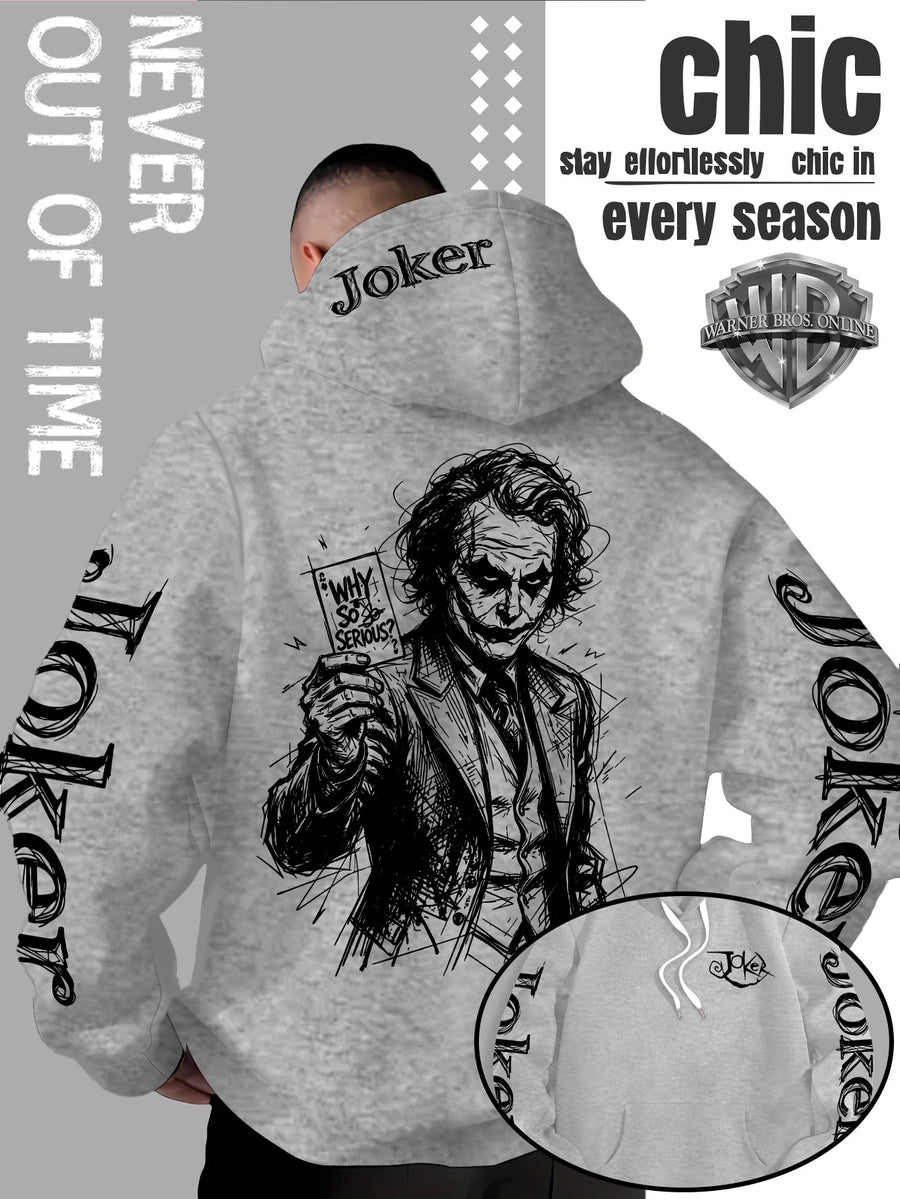 WB Warner Bros. Official Licensed Men's Joker Hooded Sweatshirt - Iconic Joker Portrait Print Hoodie, Soft Pilling-Resistant Fabric, Loose Fit Streetwear Pullover Suitable for Autumn/Winter, Machine Washable for Home, Outings & Joker-Themed Apparel - Light Grey