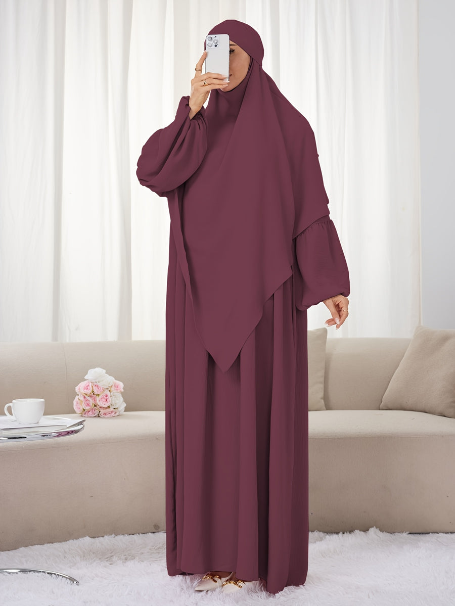 2pcs Set (Khimar And Abaya) Solid Color Muslim Prayer Outfit, Convenient Pullover Style with Lantern Sleeves And Waist Pleats, Paired with Matching Plain Headscarf Hijabs, Essential for Casual Outings, Fashionable Item Prayer Jilbab - Burgundy