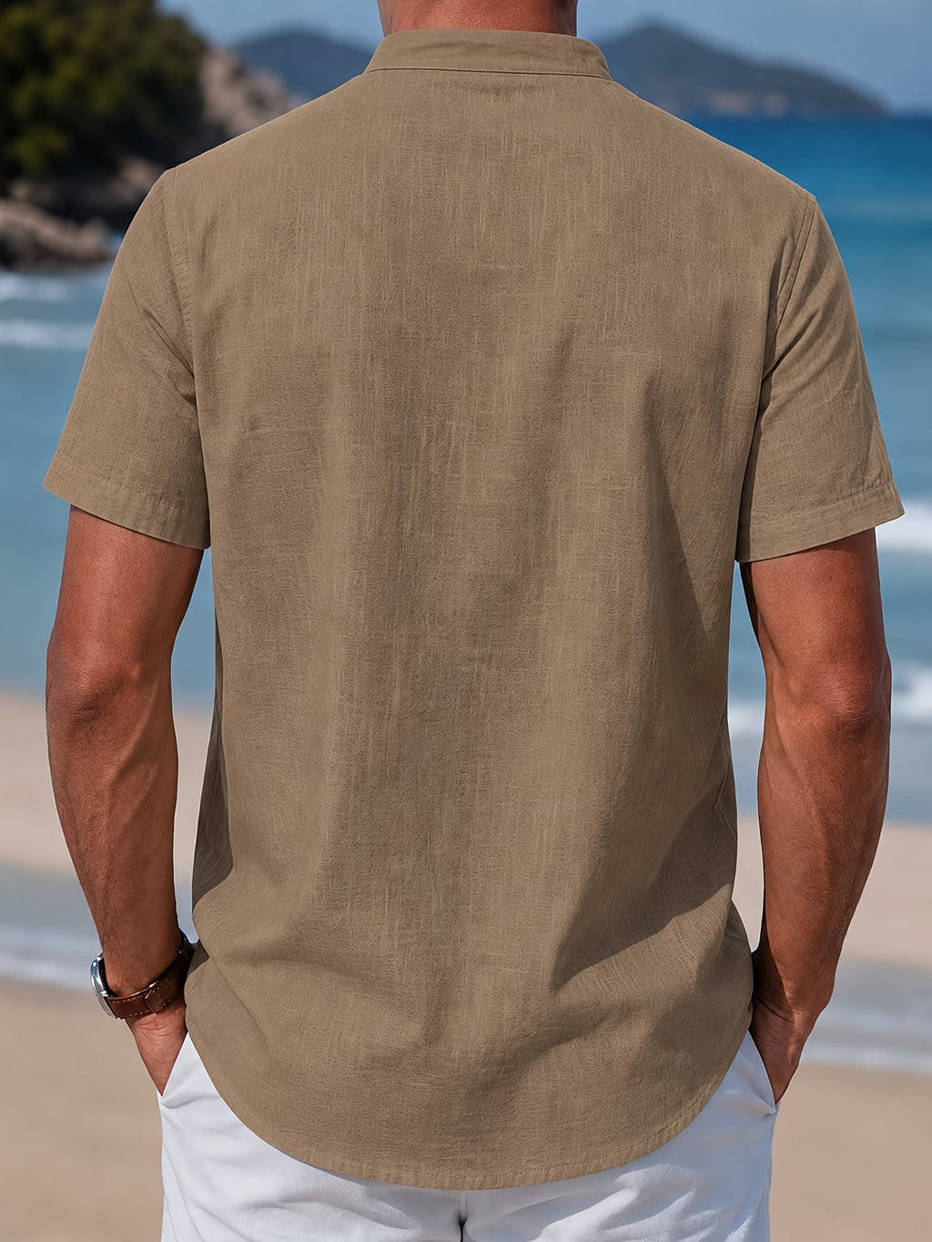Men's Casual Solid Color 100% Cotton Short Sleeve Summer Button-Up Shirt, Round Neck Breathable Sweat-Absorbent Pure Cotton Pocket Print 100g Lightweight Shirt - Khaki