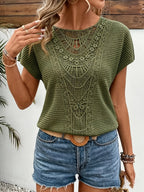 Lace-paneled Waffle- Off-shoulder Short-sleeve T-shirt - Dark Green
