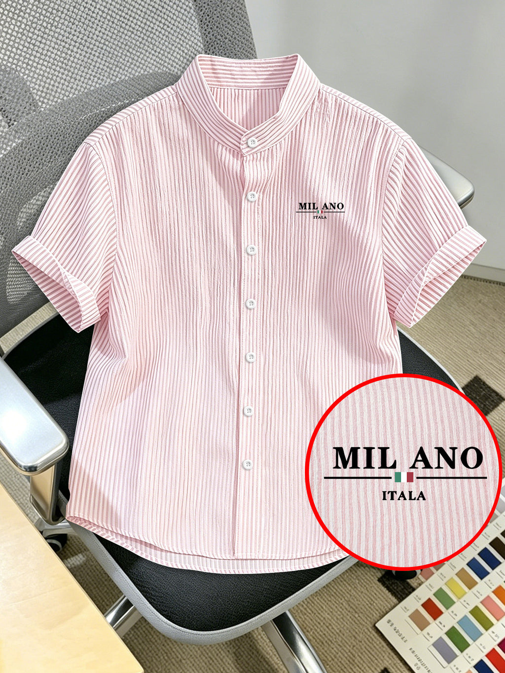 Men's Striped Shirt with Letter Print, Breathable Striped Summer Shirt, Stand Collar Design Suitable for Beach Outings and Daily Casual Wear, Beach Shirt, Outdoor Leisure, Soft Texture, Vacation Outfit, Machine Washable - Pink