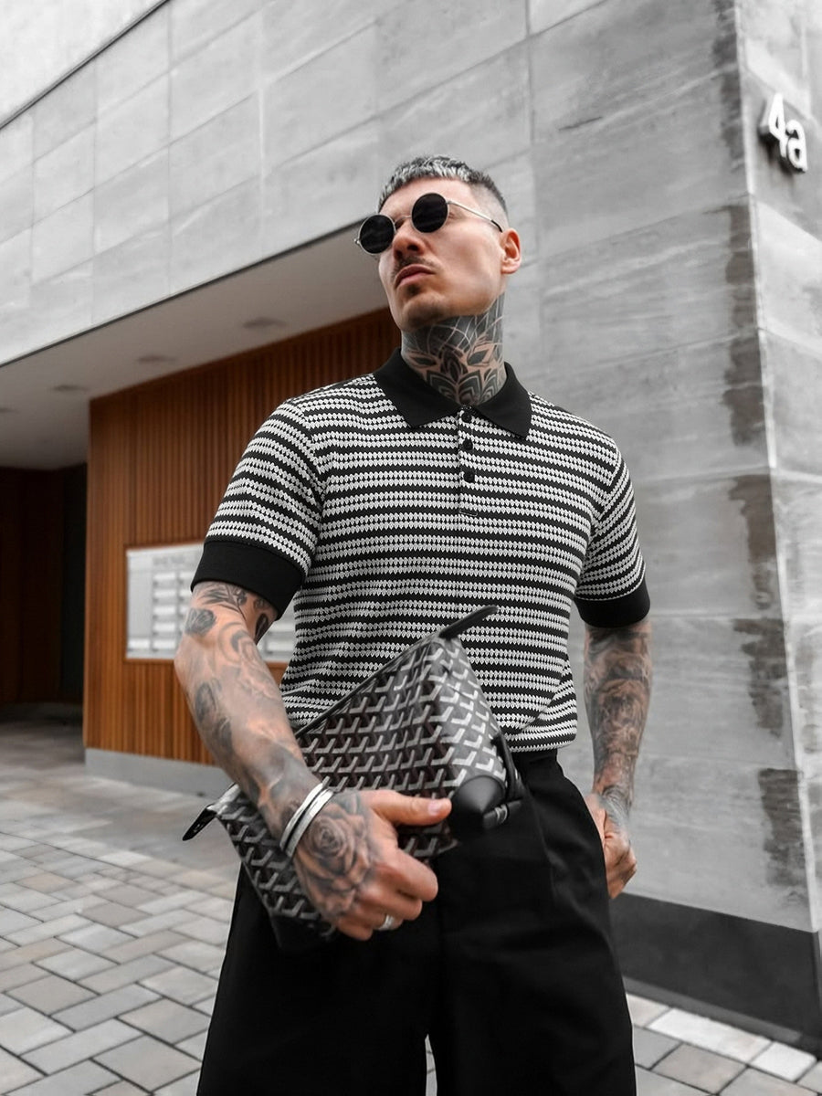 Men's Old Money Style Black & White Textured Stripe Polo Shirt - Breathable Knit Short Sleeve T-Shirt with Polo Collar, Loose Fit Suitable for Business Casual, Office,, Year-Round Wear - Black
