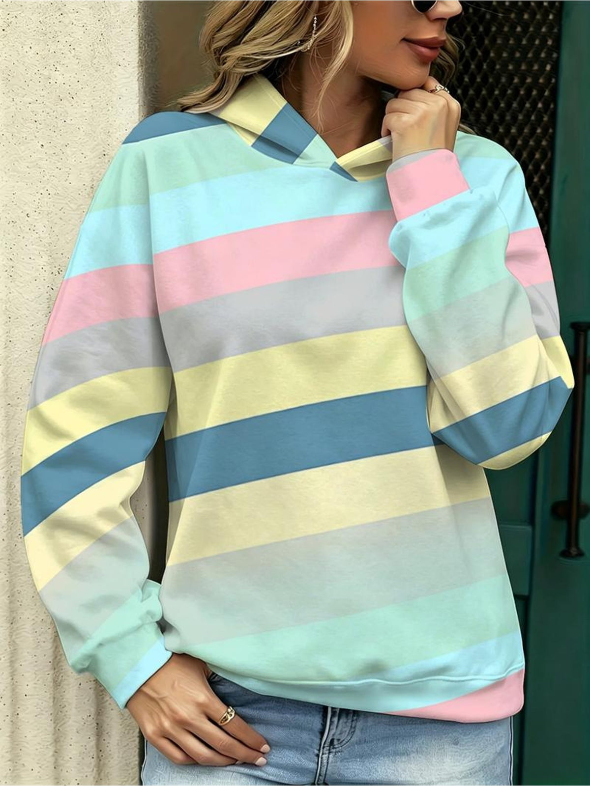 New Women's Casual Hoodie, Macaron Colored Horizontal Stripe Contrast Color Loose Sweatshirt Design, Printed Design – Not Textured - Mixed colors