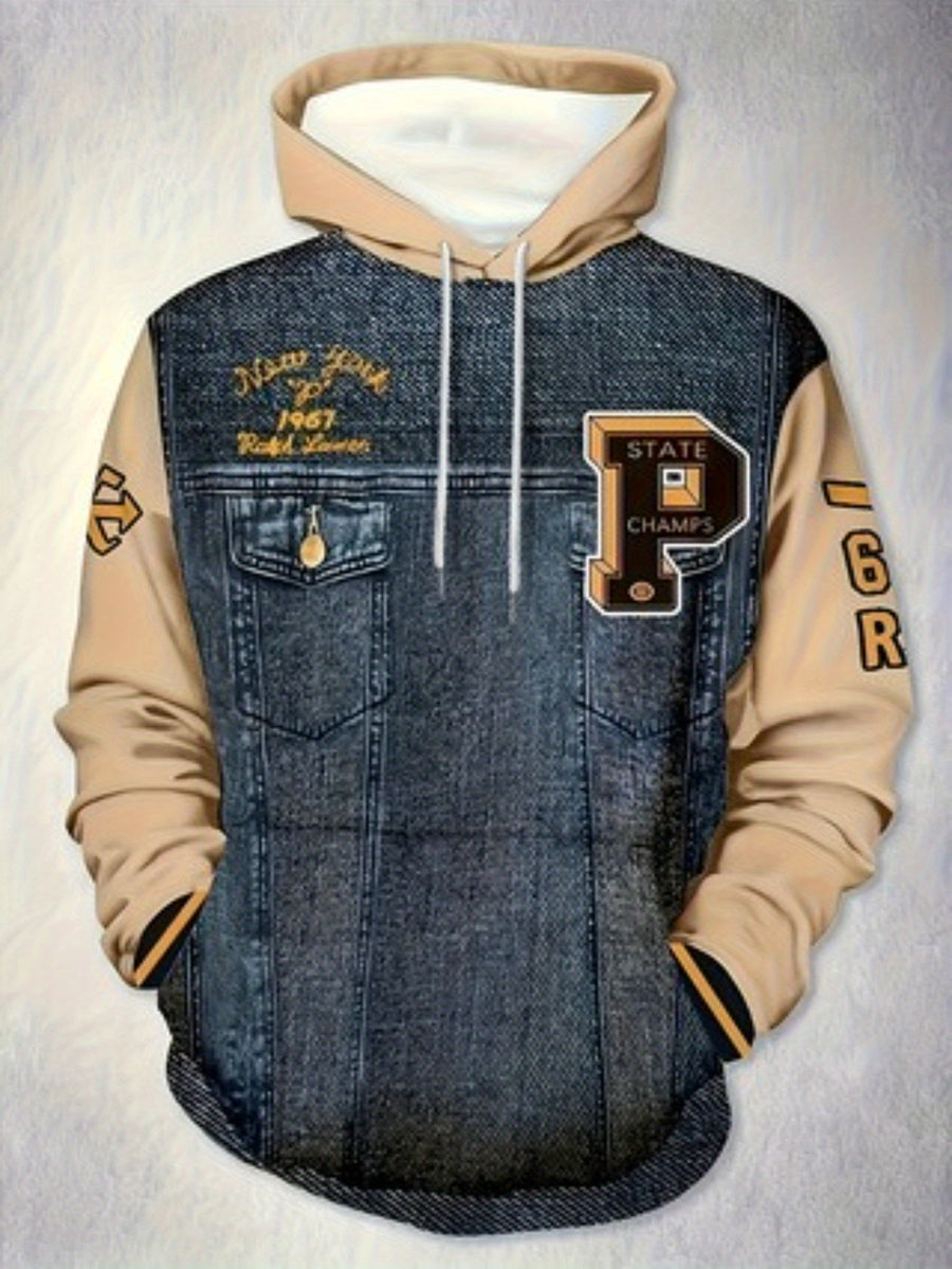 Digital Print - Men'S Hooded Drawstring Sweatshirt, Faux Denim Vintage Letter Print, Pullover Hooded Drawstring Style, Suitable for Men, Ideal for Casual Outings, Outdoor Activities, And Casual Gatherings, American Retro Preppy Style - Mixed colors