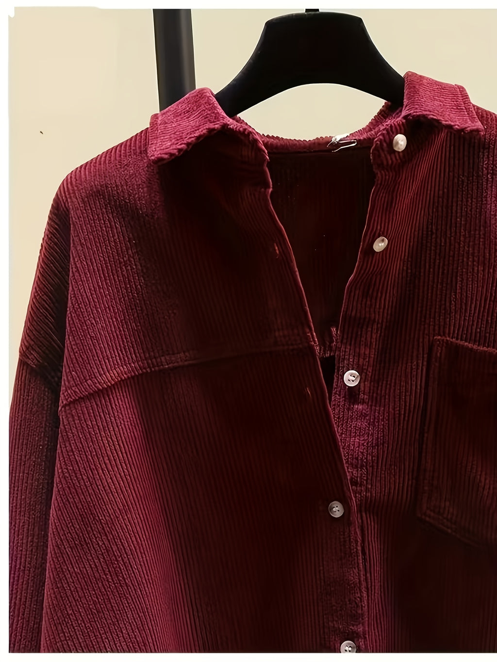 Plus Size, Women's Plus Size Corduroy Button-Front Shirt Jacket - Elegant Loose Fit Blouse, Spring Summer Fall Casual Outerwear, Machine Washable Layering Piece for to Weekend (No Bulk) - Burgundy