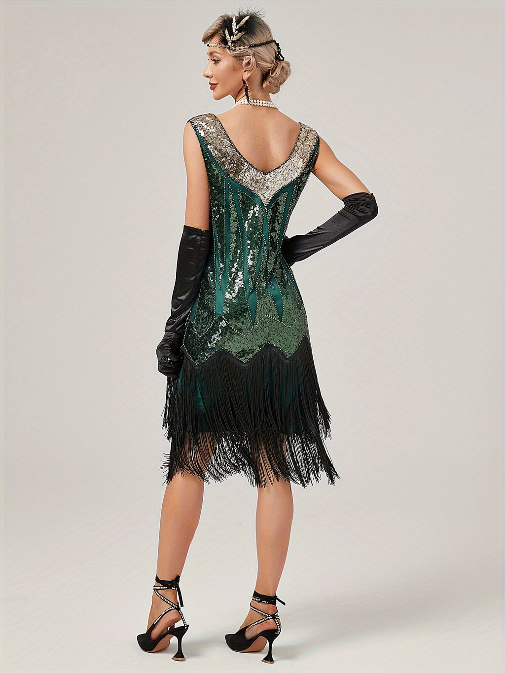 1920s Retro Sequin Gatsby Party Dress with Tassels, Short Sleeve Evening Gown for Banquets and Toasting Ceremonies - In Stock - Golden Green