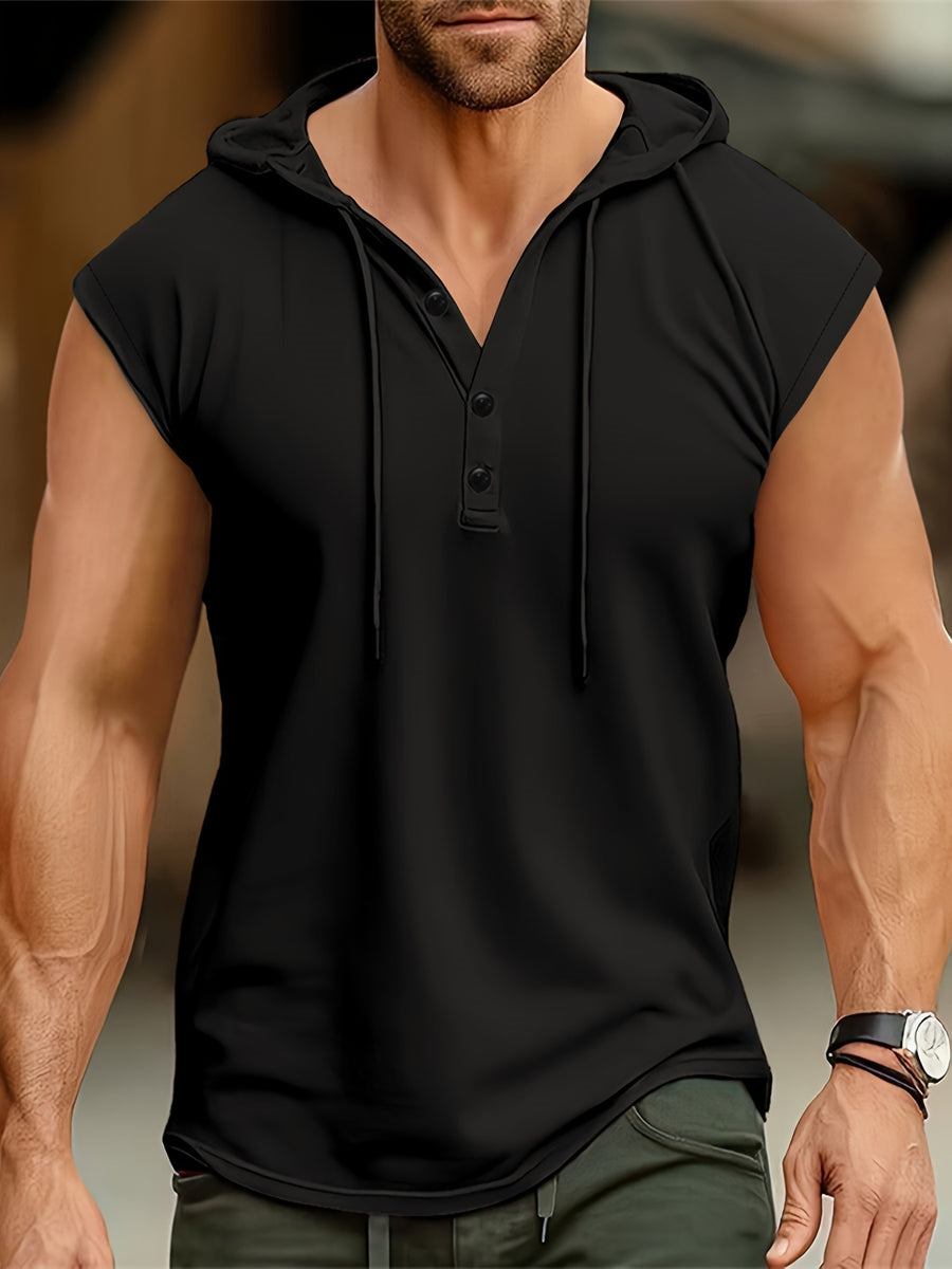 Men's Sleeveless Hooded Henley Shirt - Lightweight, Breathable Polyester | Summer Casual & Sporty Top with Button Detail | Machine Washable - Black