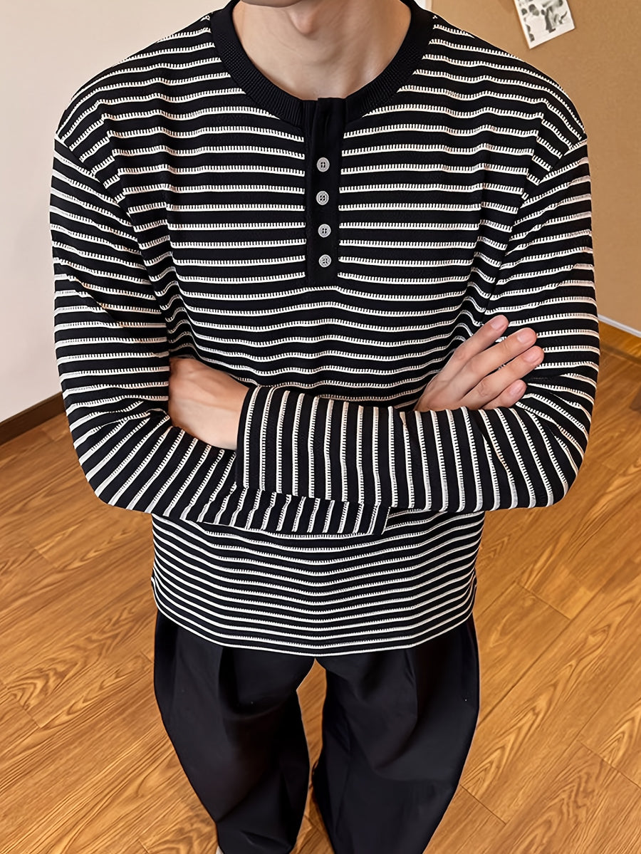 Men's American-style Casual Henley-neck Striped Long-sleeve T-shirt, Textured Fabric with a Half-button Placket, Soft and Skin-friendly Pullover Top, for Daily Commutes and Streetwear in Spring and Autumn - Black