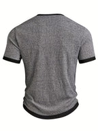 Men's Fashion Top, Spring/Summer Casual Textured Herringbone Fabric, Color-Blocked Split V-Neck Short Sleeve Henley Shirt - Grey