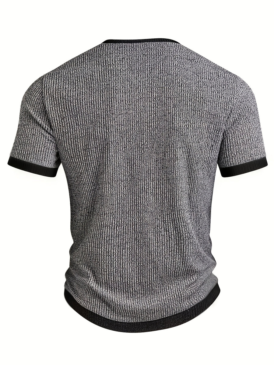 Men's Fashion Top, Spring/Summer Casual Textured Herringbone Fabric, Color-Blocked Split V-Neck Short Sleeve Henley Shirt - Grey