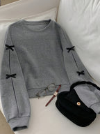 DJ0709048 Directional Design Sense Foreign Style Loose All-Match Bow Round Neck Long Sleeve Sweatshirt Avant-Garde Trendy Outerwear - Dark Gray