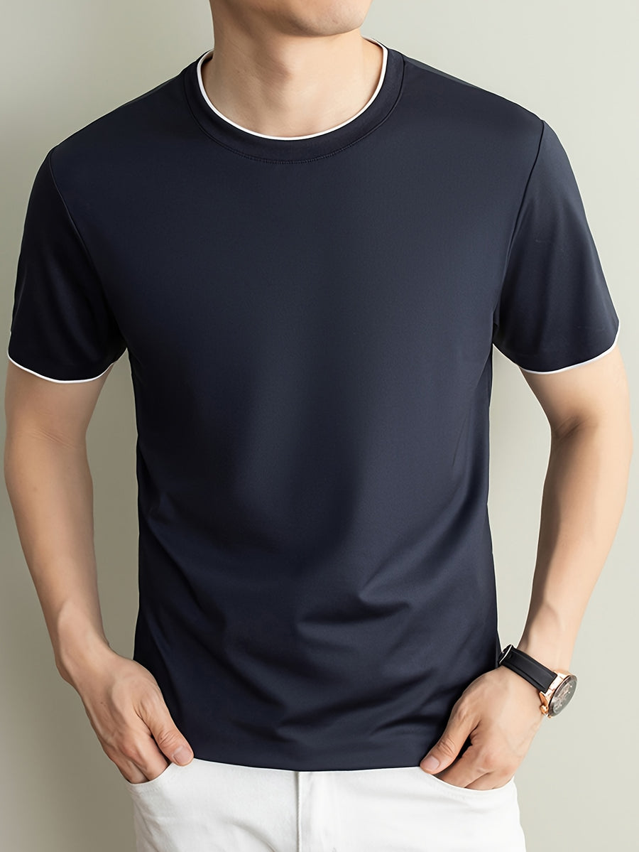 Summer Men'S Short Sleeve T-Shirt Casual Round Neck Solid Color Comfortable Cooling Breathable Polo Shirt - Navy