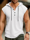 Men's Sleeveless Hooded Henley Shirt - Lightweight, Breathable Polyester | Summer Casual & Sporty Top with Button Detail | Machine Washable - White